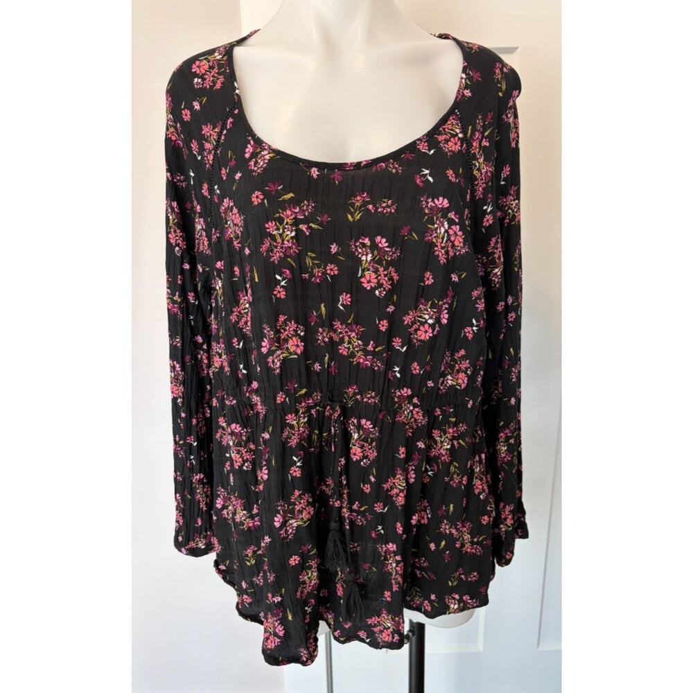 TORRID Womens TOP Long Sleeve BLACK Pink FLORAL Drawstring Waist Sz 1 (1X 14/16)